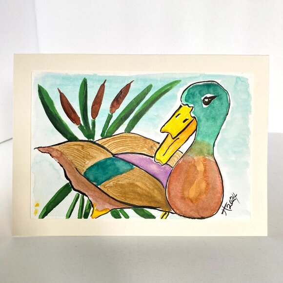 Watercolor Duck Cattails Art Handmade Original Blank Greeting Card and Envelope - Picture 2 of 5